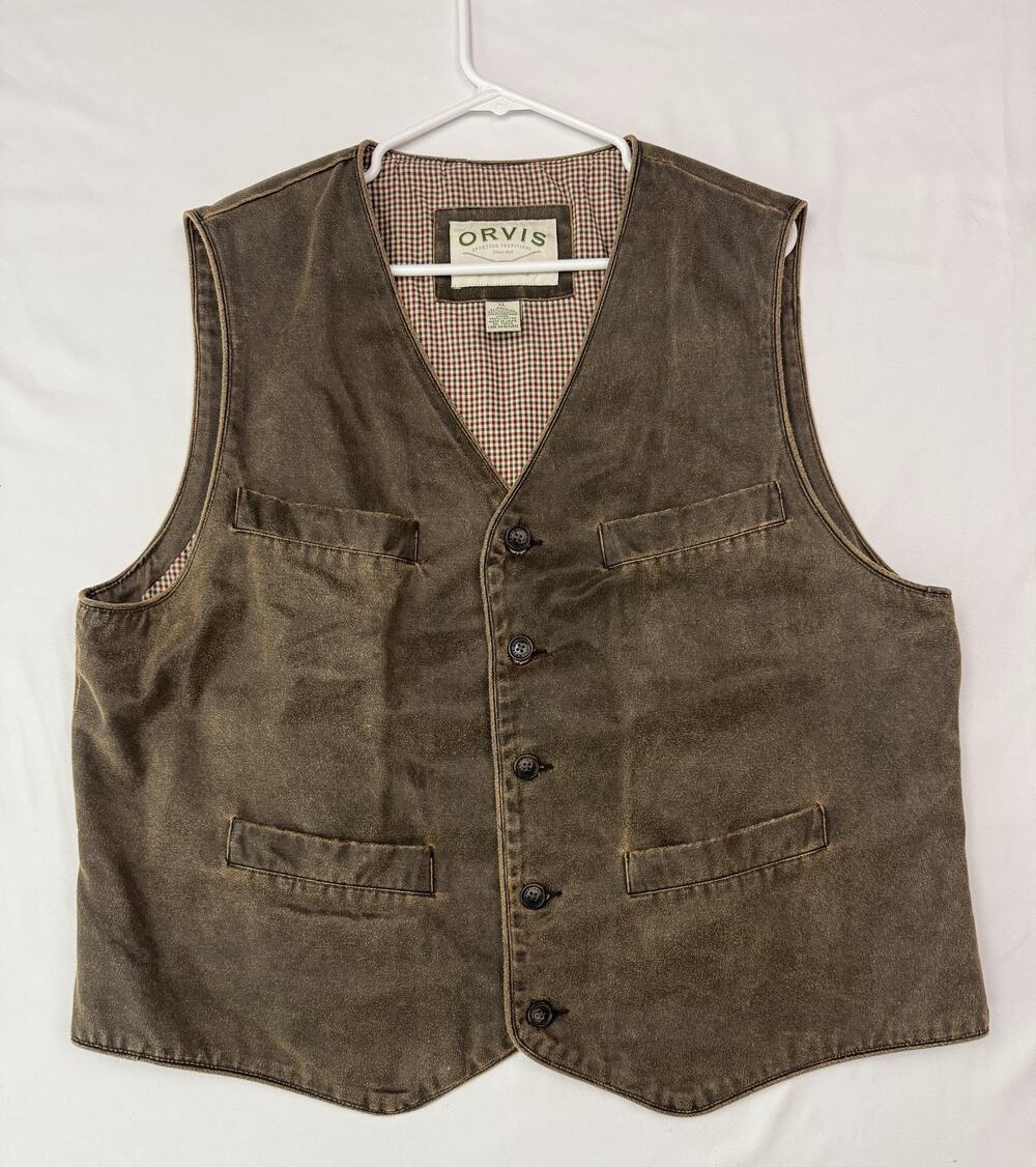 Orvis Brown Vest Mens XL Faux Leather Western Cowboy Ranch Field Shooting